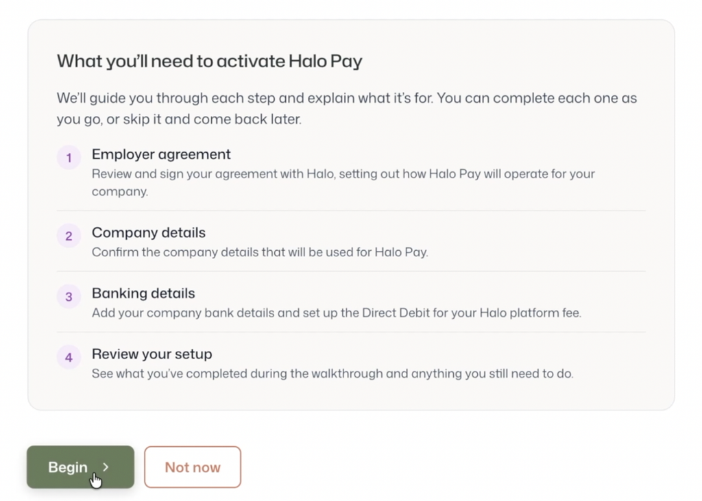 Complete each section to activate Halo Pay.
