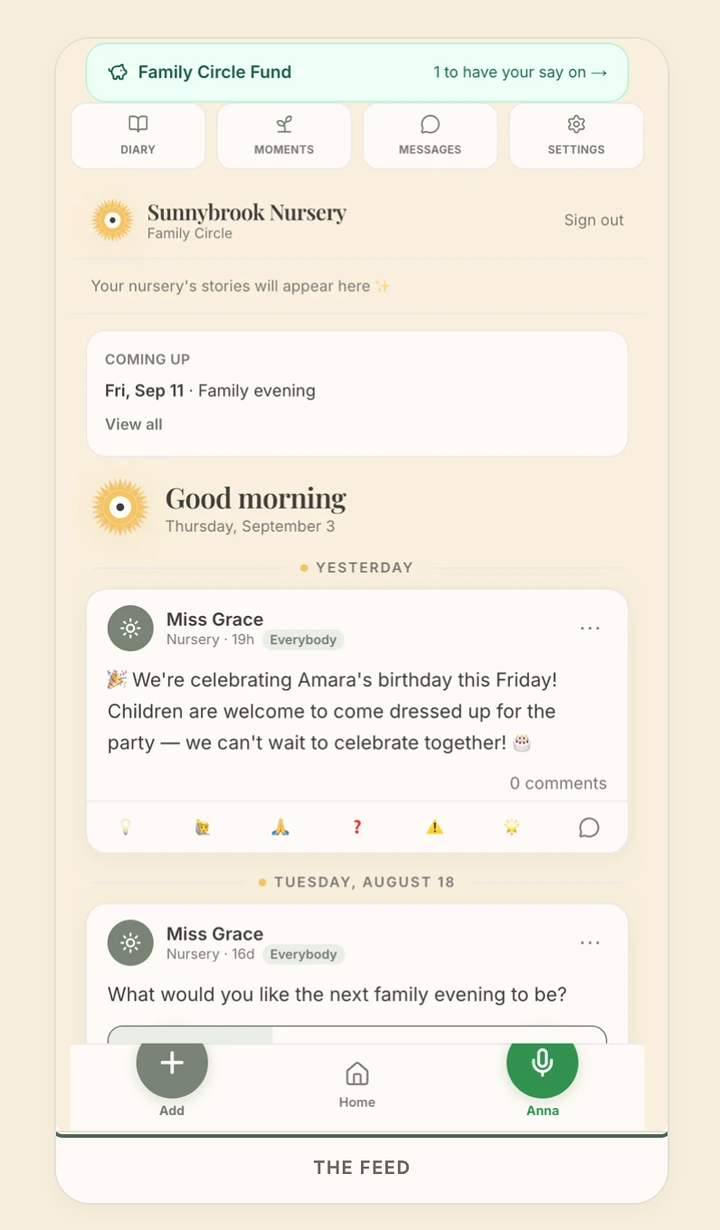 The Family Circle app feed on a phone, showing the Family Circle Fund banner, Diary, Moments, Messages and Settings tabs, an upcoming family evening, and nursery posts including a birthday notice and a question asking what the next family evening should be.