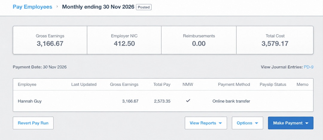 A payroll pay run for the month ending 30 November 2026 showing Hannah Guy's gross earnings of 3,166.67, employer NIC, total pay and a completed National Minimum Wage check.