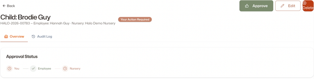 An arrangement page marked Your Action Required, with Approve, Edit and Delete buttons and an approval tracker showing the employee step complete and the employer and nursery steps outstanding.
