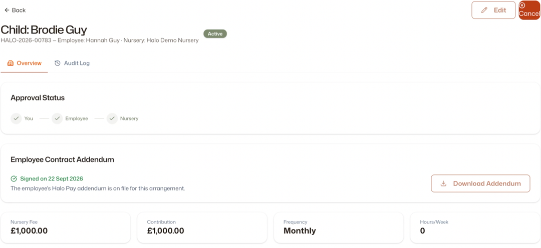 An arrangement marked Active with all three approval steps complete, the signed employee addendum available to download, and the nursery fee, contribution and frequency shown.