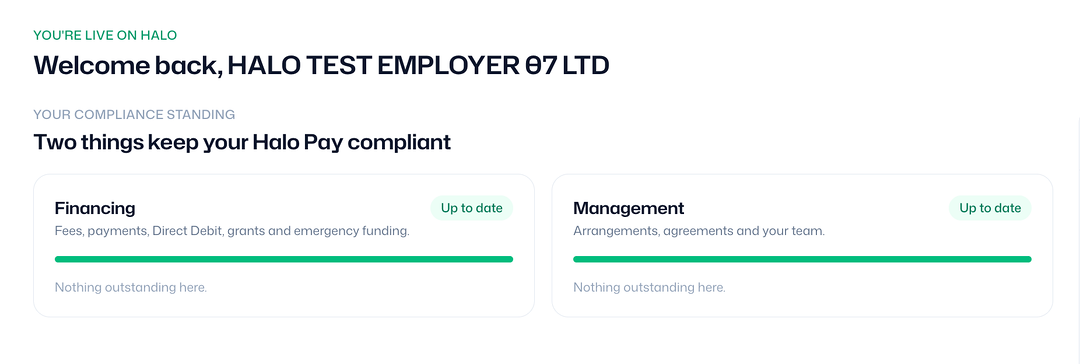 The Home screen of the Halo employer portal, showing a welcome heading and two compliance standing cards for Financing and Management, both marked up to date.