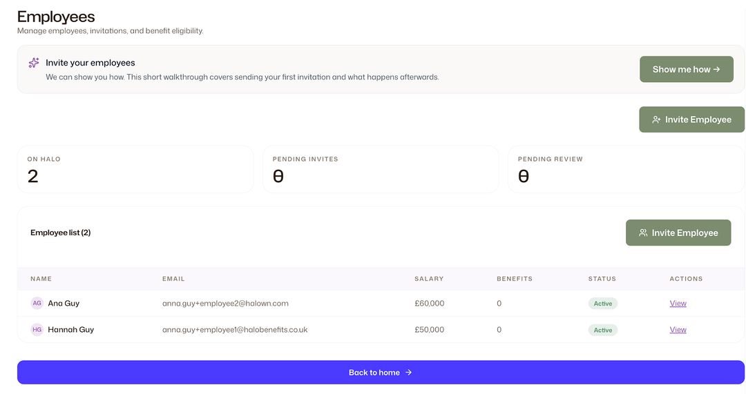 The Employees page showing counts for employees on Halo, pending invites and pending review, an Invite Employee button, and a table of employees with name, email, salary, benefits and status.