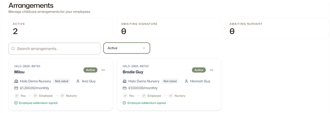 The Arrangements page showing counts for active, awaiting signature and awaiting nursery arrangements, a search box and status filter, and arrangement cards listing child, nursery, employee, monthly amount and approval stages.