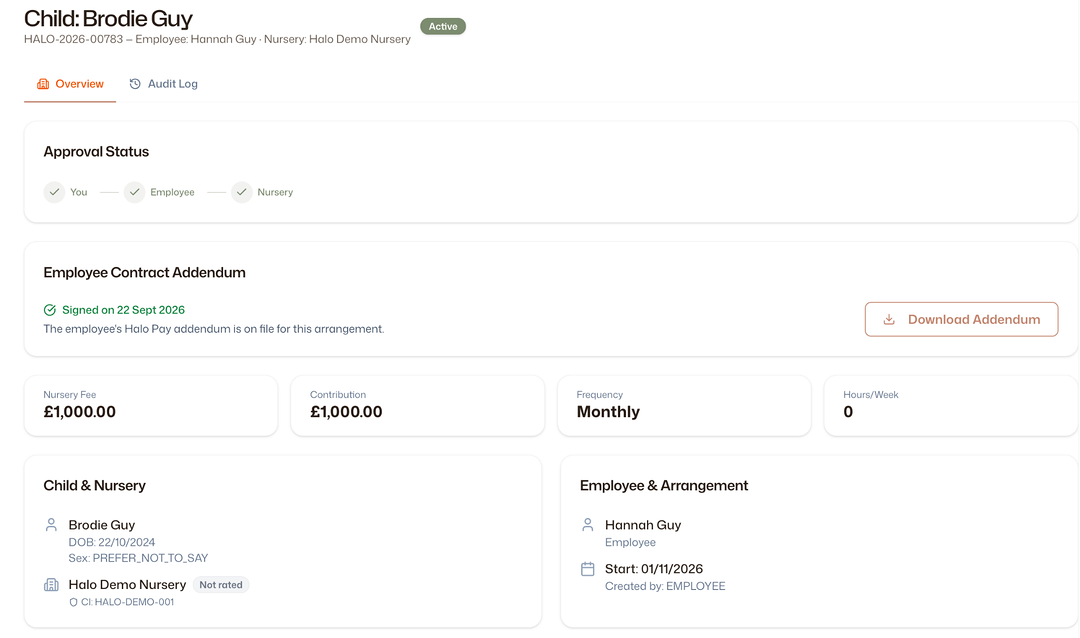 An individual arrangement record showing approval status, the signed Employee Contract Addendum with a Download Addendum button, nursery fee, contribution, frequency, and child, nursery and employee details.