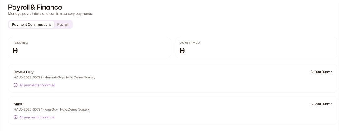 The Payment Confirmations tab of Payroll and Finance showing pending and confirmed counts and a list of arrangements with their monthly amounts and confirmation status.