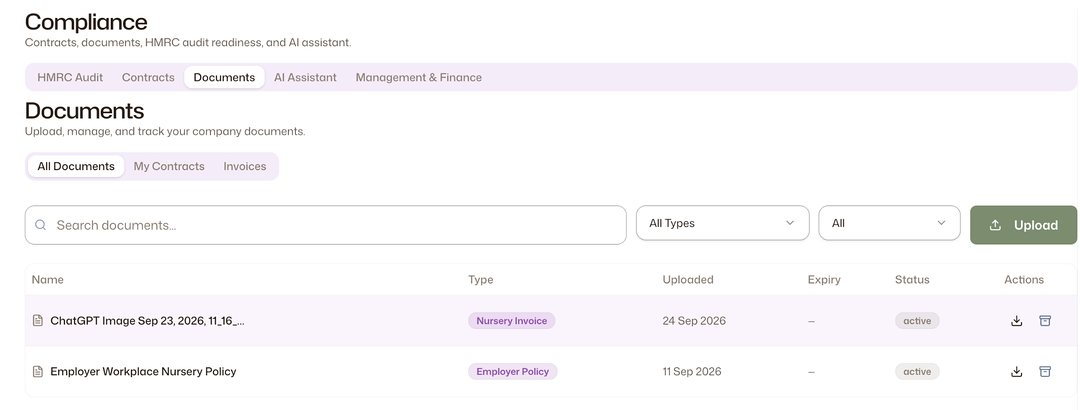 The Documents tab showing All Documents, My Contracts and Invoices filters, a search box, type filters, an Upload button and a table of uploaded documents with type, upload date and status.
