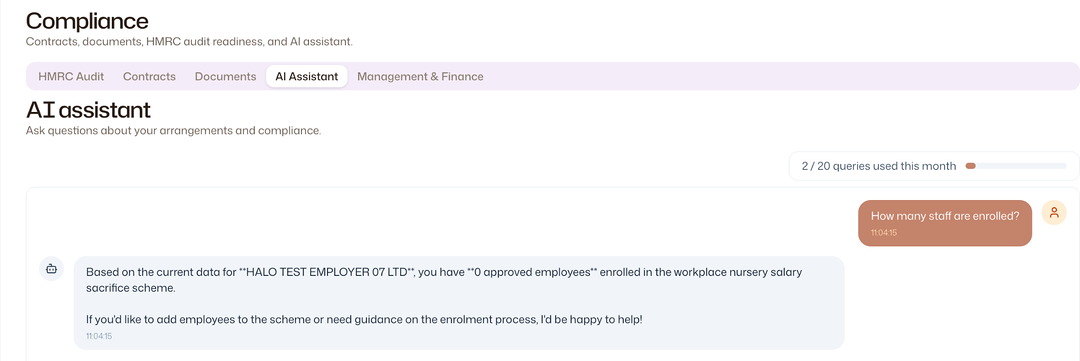 The AI Assistant tab showing a monthly query counter and a conversation in which a question about enrolled staff has been answered using the account data.