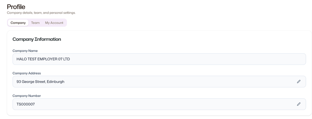 The Company tab of Profile showing editable fields for company name, company address and company number at the top of the page.