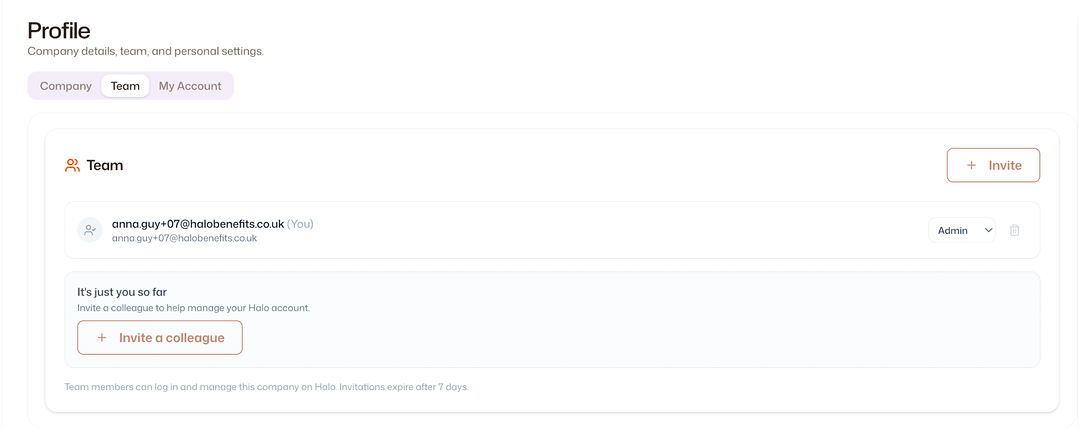 The Team tab of Profile showing the current portal user with an Admin access level, an Invite button and an Invite a colleague prompt.