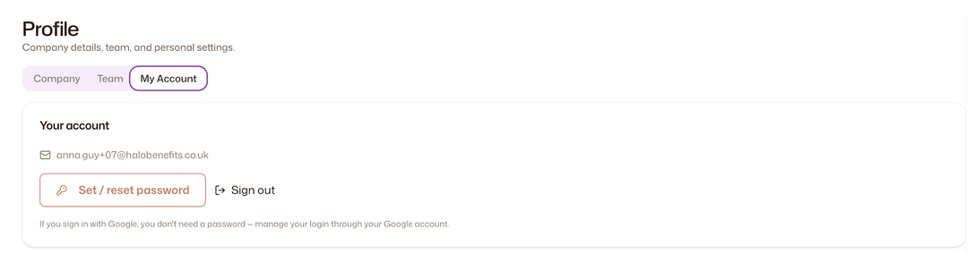 The My Account tab of Profile showing the account email address with Set / reset password and Sign out options.